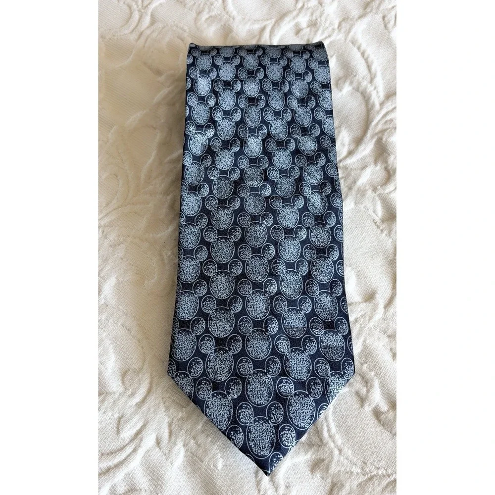 Vtg Mickey & Co Disney 100% Silk Neck Tie Blue Black All Over Ear Print  Korea